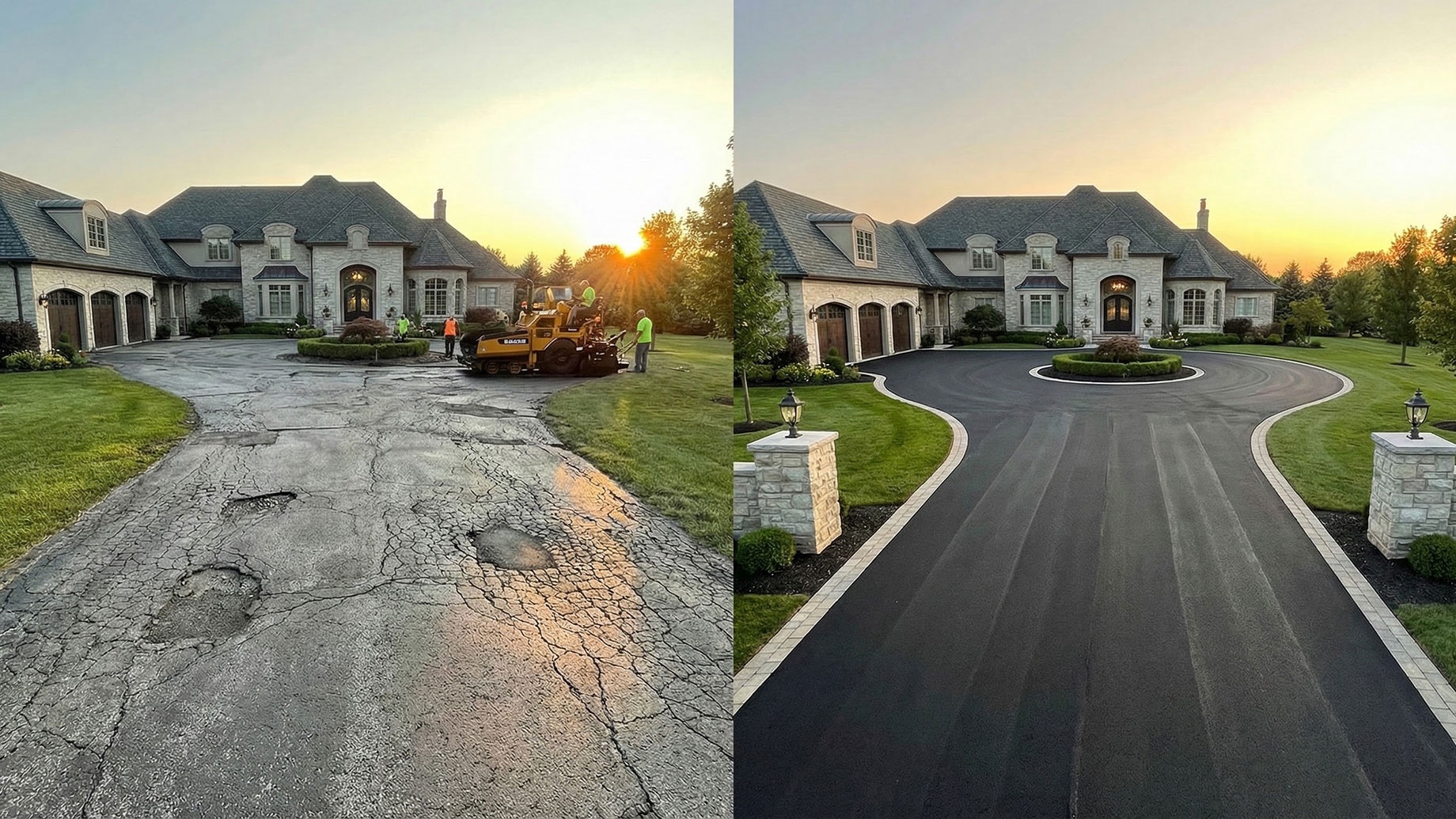 Before and after: a cracked, potholed asphalt driveway at a luxury home, restored to a smooth, freshly sealed jet-black finish at sunset