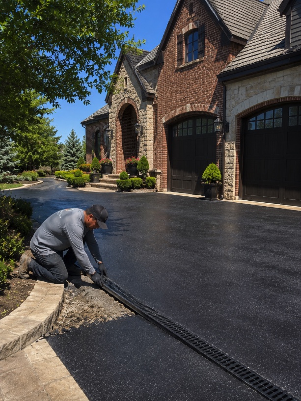 A Drivewave technician installing a drainage channel beside a freshly sealed jet-black asphalt driveway at a luxury brick home in the Ottawa–Gatineau area