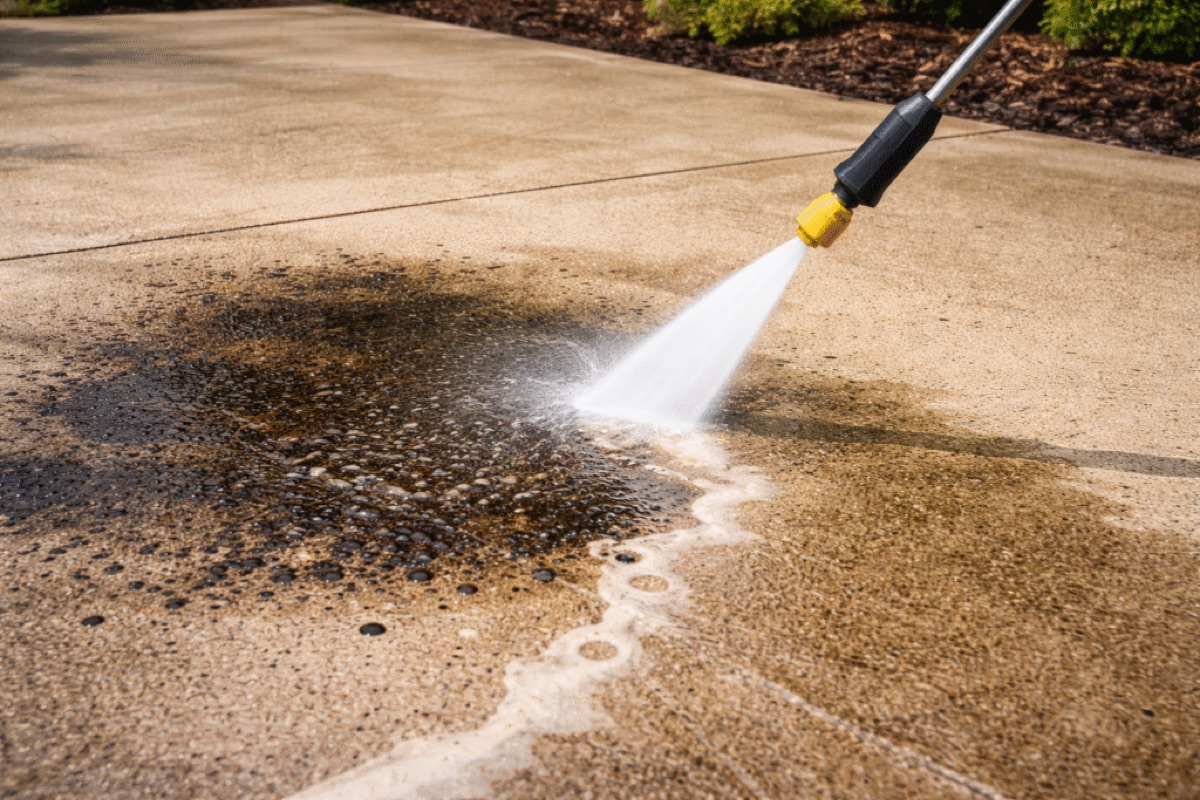 Technician pressure washing an asphalt driveway surface before sealing
